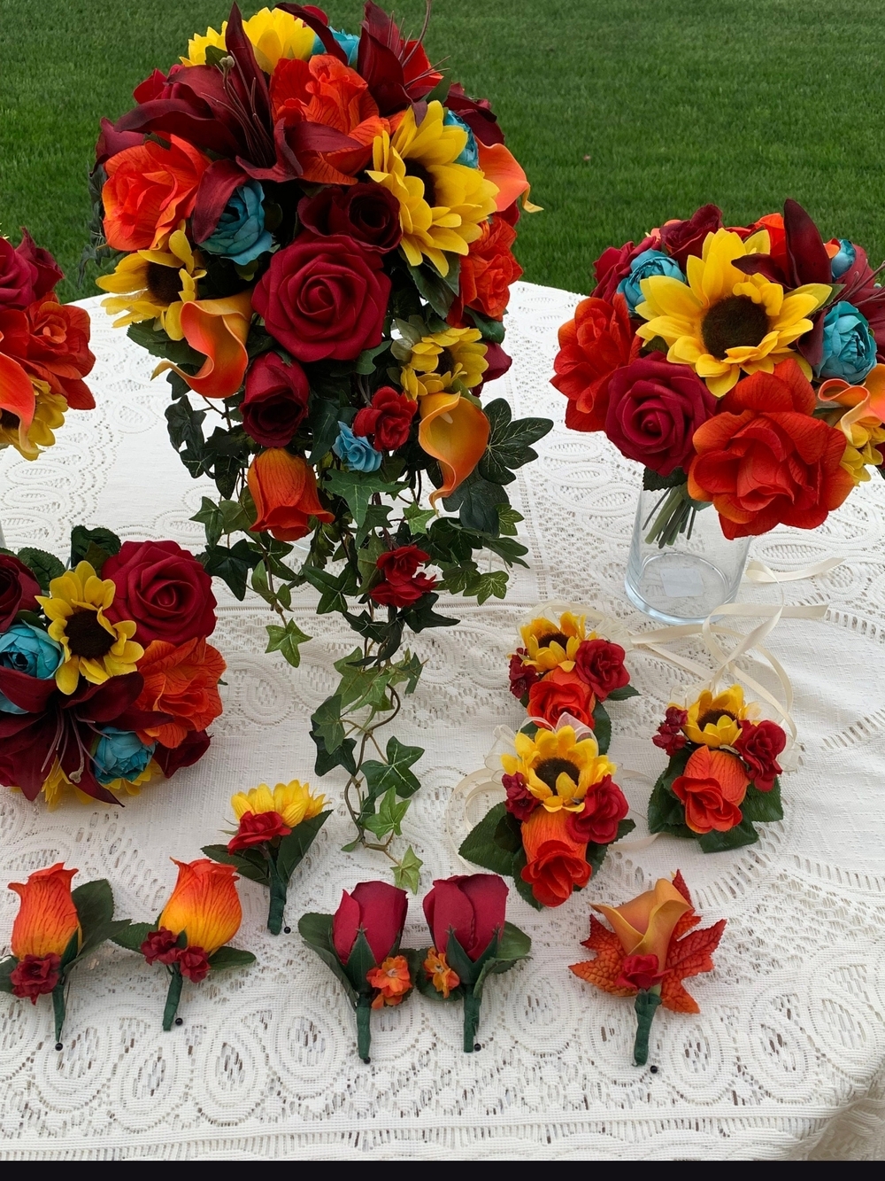 Custom Fall Wedding Flowers Red & Yellow W/ TEAL Artificial Floral Arrangement